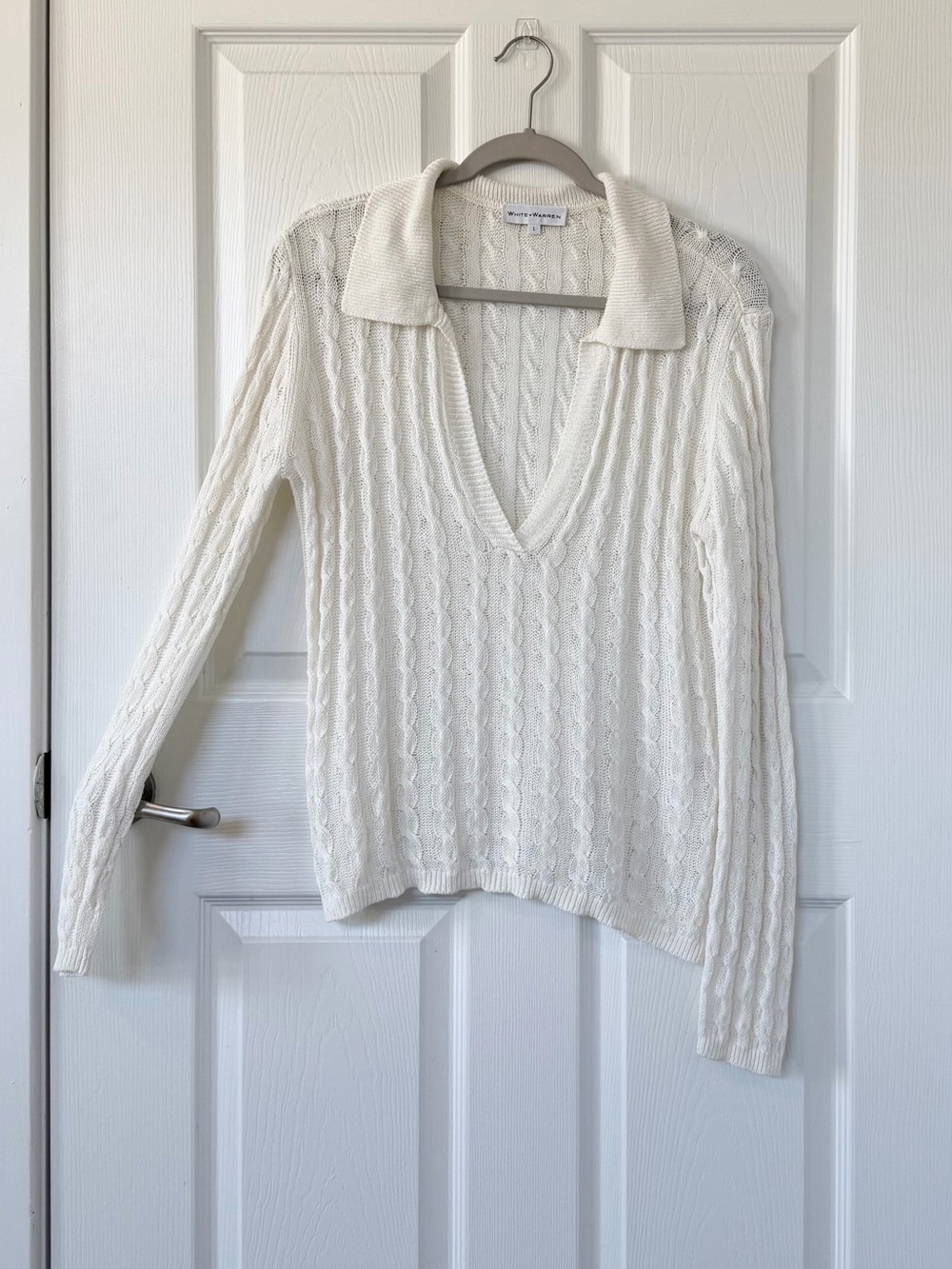 White + Warren Cream Open Cable Knit V-Neck Polo Sweater in Linen & Cotton